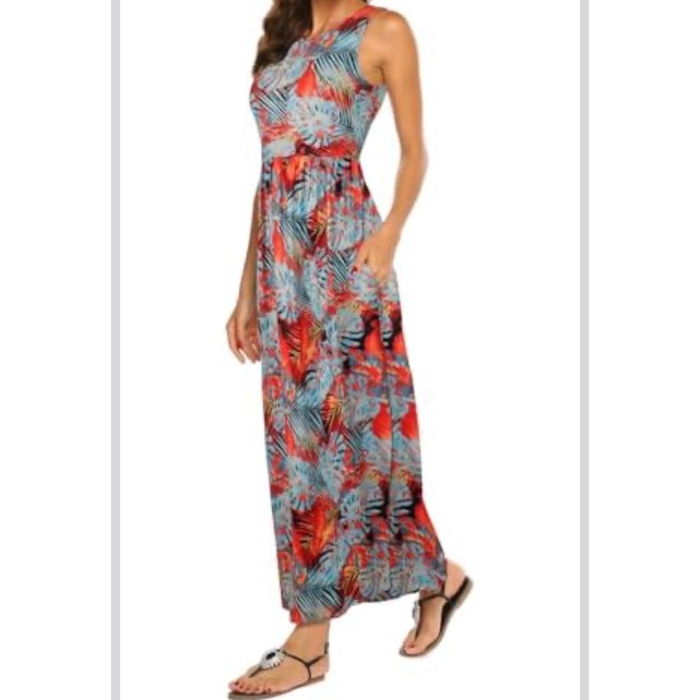 Hount Women Tropical Leaf Print Maxi Dress Sleeveless Pockets Orange Teal Large